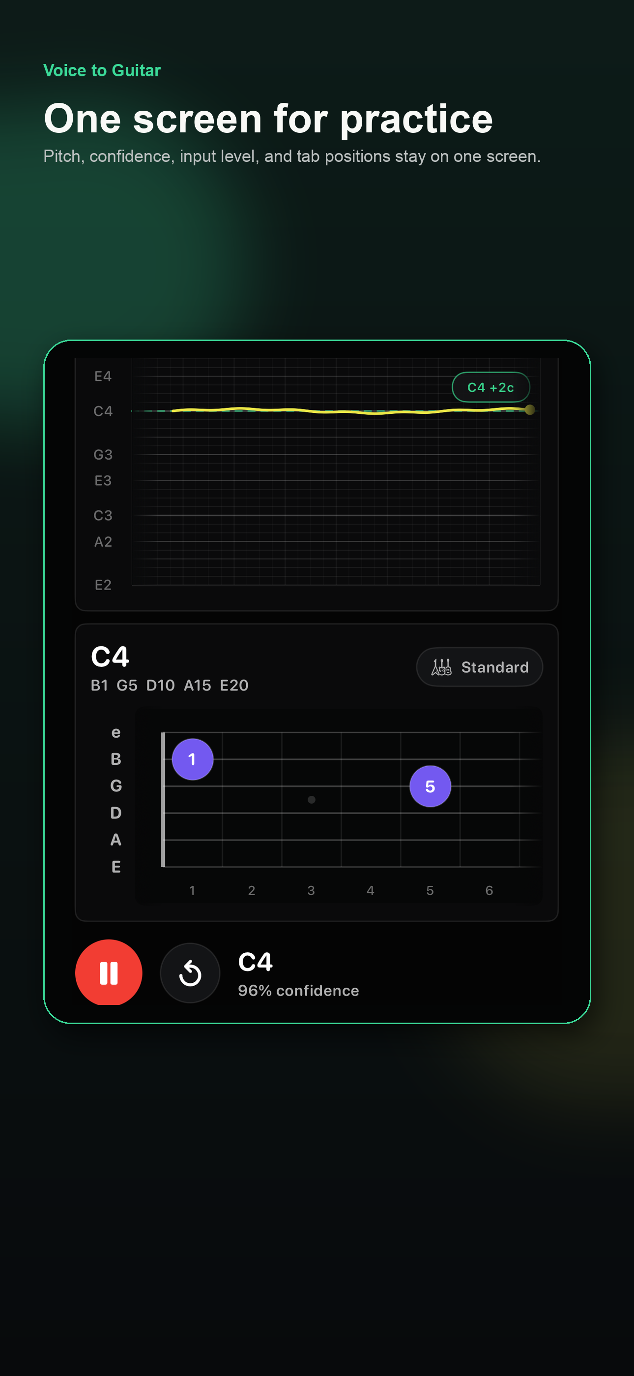 Voice to Guitar practice screen showing pitch, confidence, and guitar tab positions
